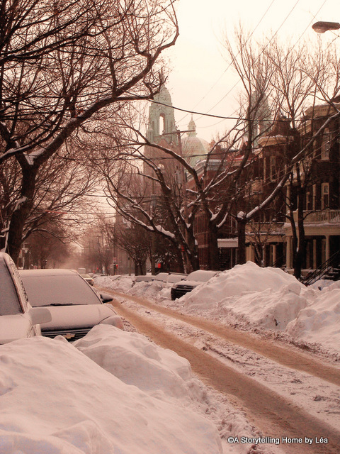 Snowy street Plateau Mont-Royal, Montreal