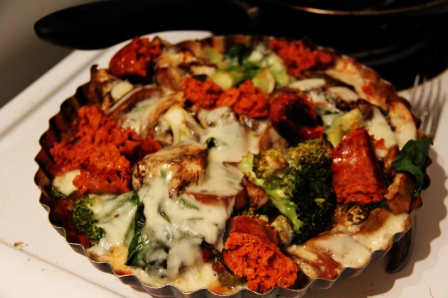 brocoli eggplant tomato sausage cheese